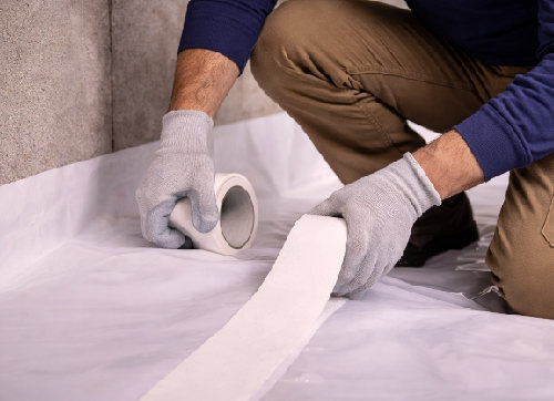 Vapor barrier tape sealing in a crawl space in Metro Detroit